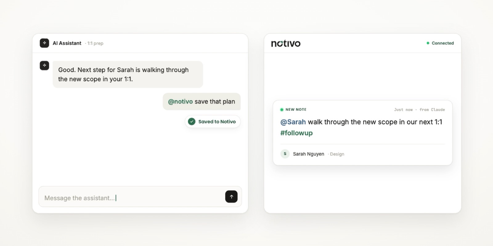 In a Claude chat a manager says at-notivo save that plan, and the plan appears in Notivo tagged to Sarah with a follow-up tag.