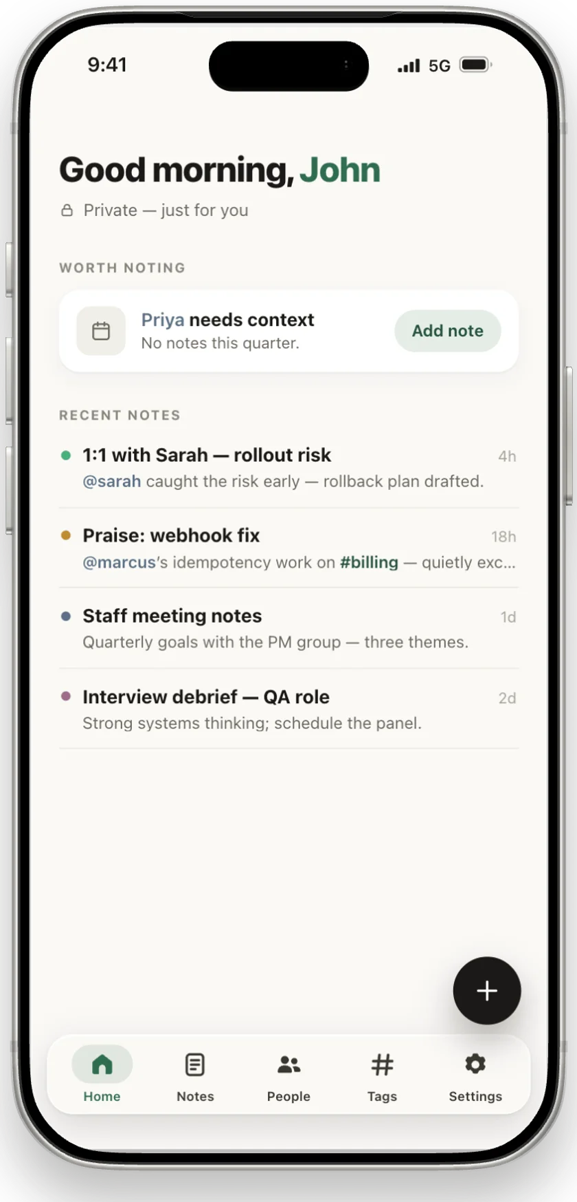 The Notivo iOS app Home screen: a Worth Noting nudge about a report with no notes this quarter, above the most recent notes